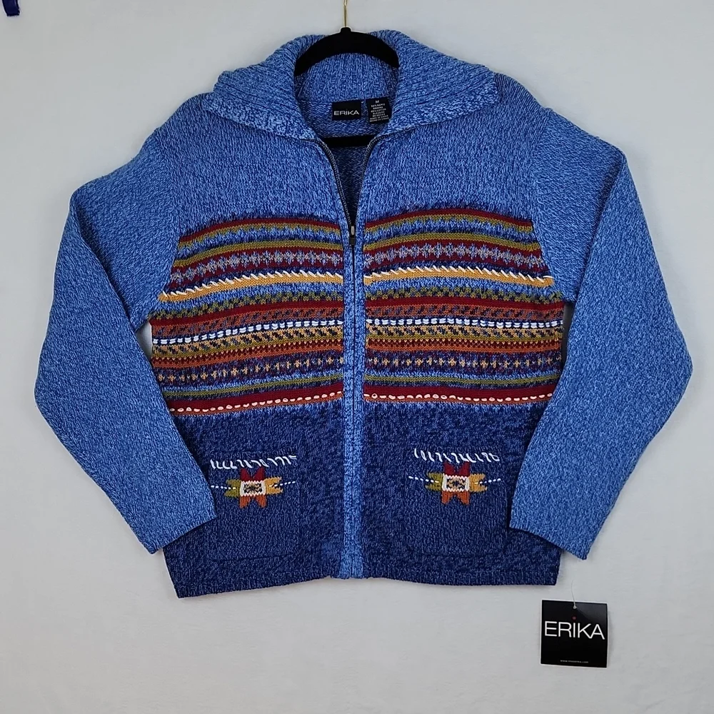 Vintage Erika Women's Zippered Knit Sweater Cardigan Blue Size Medium NWT - Picture 2 of 11